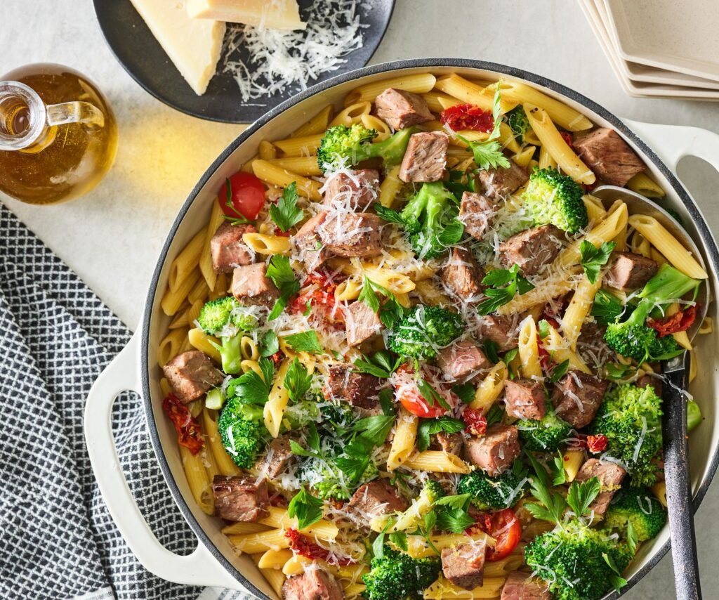 Cheesy Prime Rib Pasta with Broccoli
